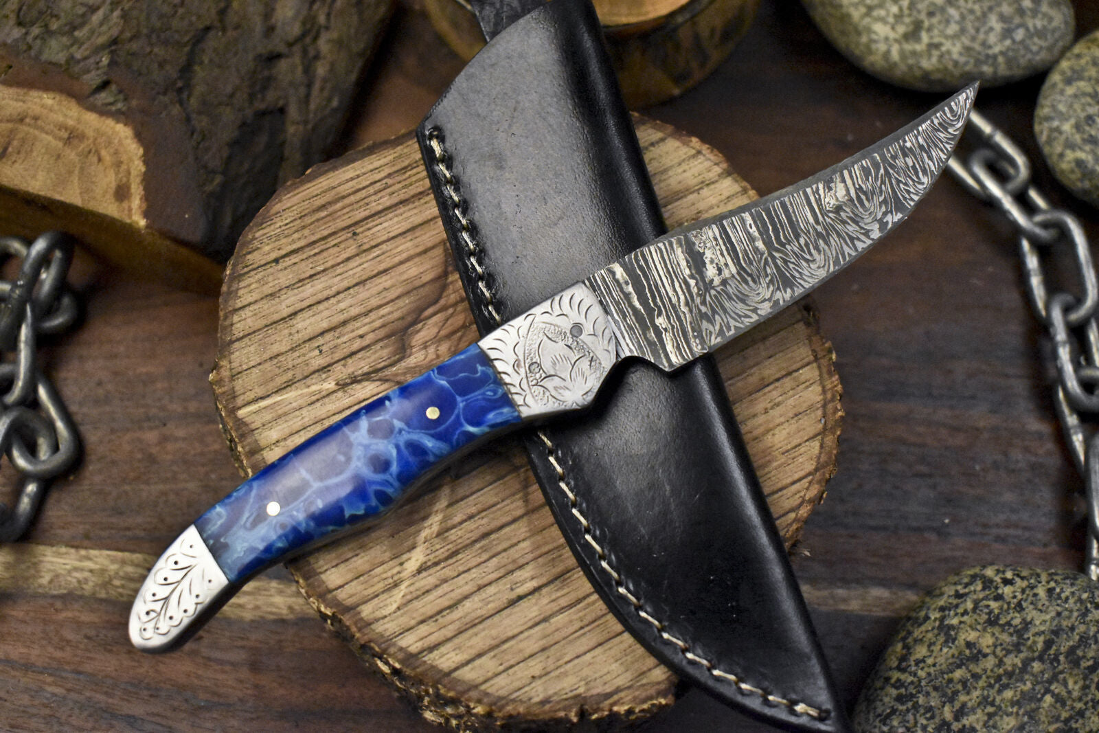 9.5" Hand Forged Skinner Knife Twist Damascus Micarta Handle with Sheath