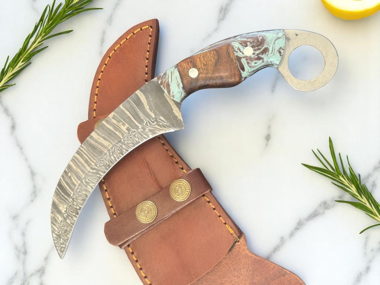 9.5” Handmade Damascus Karambit Knife Damascus Steel with Resin and Wood Handle 