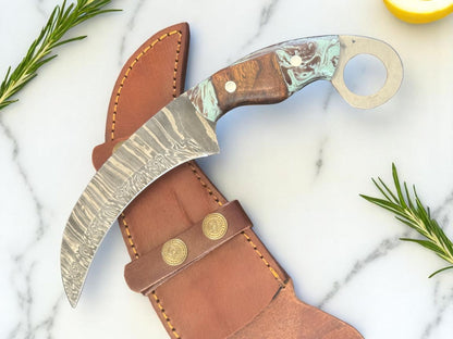 9.5” Handmade Damascus Karambit Knife Damascus Steel with Resin and Wood Handle 