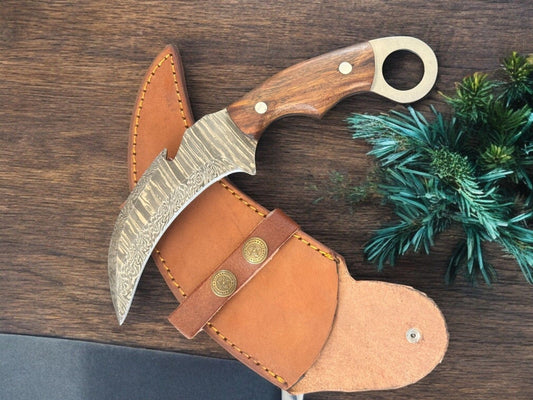 9.5” Handmade Damascus Karambit Knife Pakka Wood Handle Hunting Knife