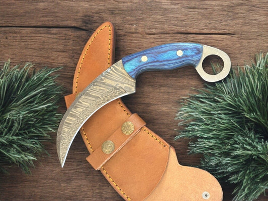 9.5” Handmade Damascus Karambit Knife Premium Pakka Wood Handle With Sheath
