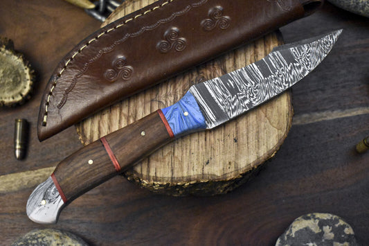 9.5" Handmade Twist Damascus Skinner Knife Walnut Wood Handle Camping Tool