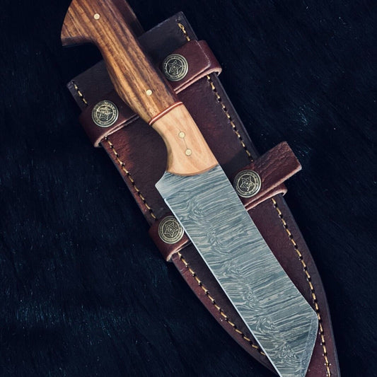 9.5" Handmade Twist Damascus Steel Bowie Hunting Knife – Camel Bone & Wood Handle