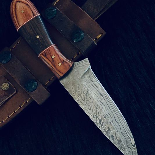 9.5" Rain Drop Damascus Bowie Knife – Camel Bone & Wood Handle