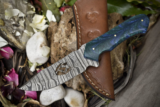 9.5" Twist Damascus Skinner Knife Corian Handle Fishing Hunting Knife 