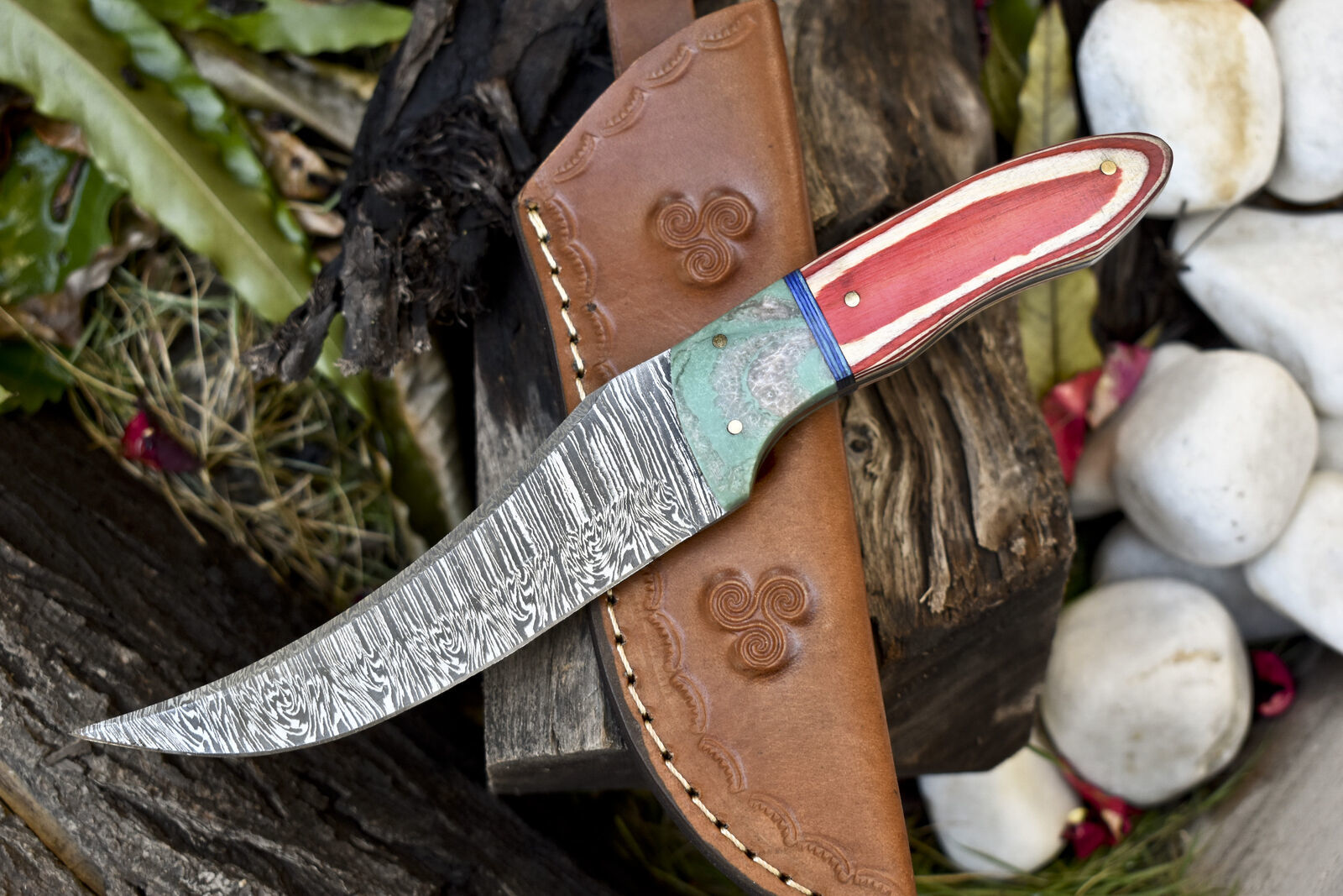 9.5" Twist Damascus Skinner Knife Hardwood Handle Micarta Bolster with Sheath