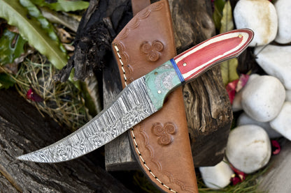9.5" Twist Damascus Skinner Knife Hardwood Handle Micarta Bolster with Sheath