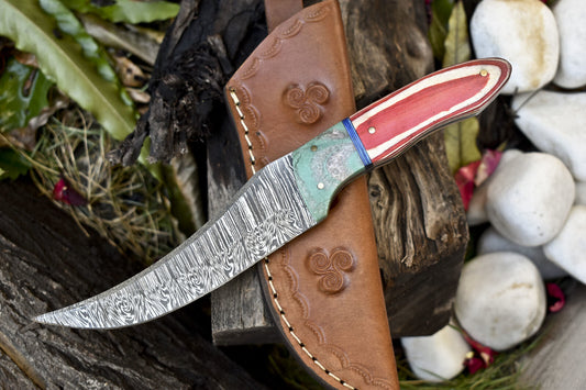9.5" Twist Damascus Skinner Knife Hardwood Handle Micarta Bolster with Sheath