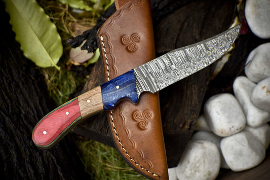 9.5" Twist Damascus Skinner Knife Hardwood Handle Wooden Bolster Fishing Tool