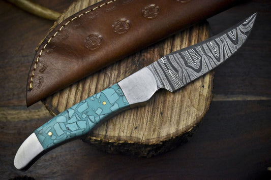 9.5" Twist Damascus Skinner Knife with Corian Handle and Steel Bolster – Unique Fishing Blade