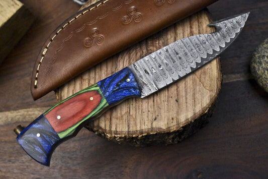 9.5 in Forged Skinner Knife w/Gut Hook Ladder Damascus Hard Wood Outdoor