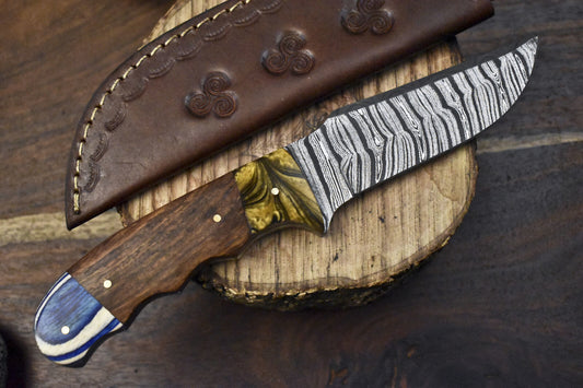 9.5 in Twist Damascus Skinner Knife Walnut Wood Handle for Hunting and Camping