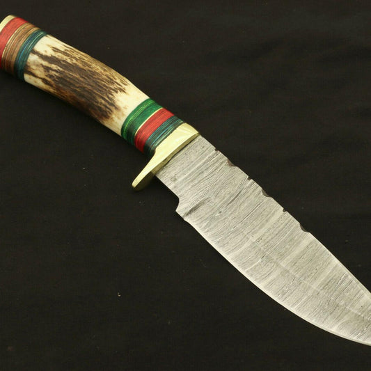 9.75" Custom Damascus Bowie Knife – Stag & Pakka Wood Handle