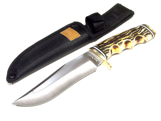 9.75" Skinner Knife – Stainless Steel Wide Belly Blade, Imitation Stag Handle, Nylon Sheath