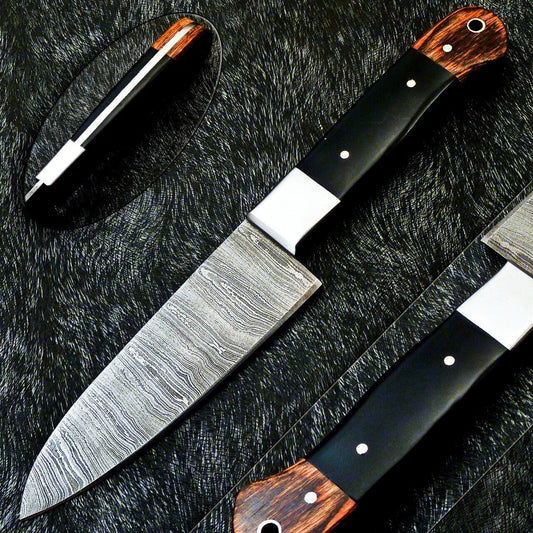 9.7" Custom Hand Forged Damascus Steel Chef Kitchen Knife with Bull Horn & Hardwood Handle