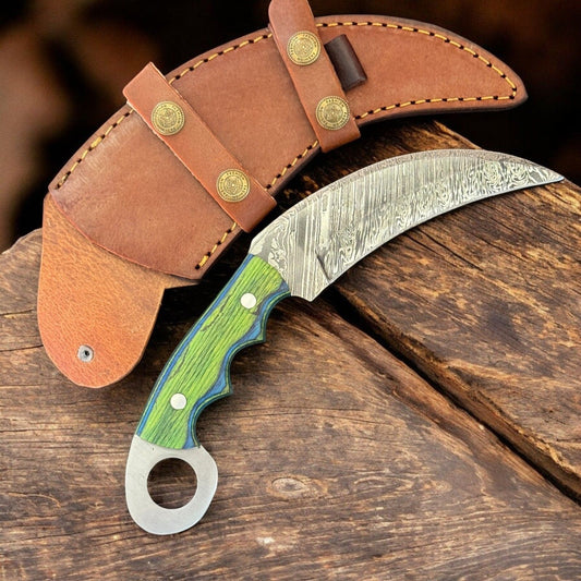 9" Best Damascus Karambit Damascus Steel Karambit Hunting Knife With Wood Handle