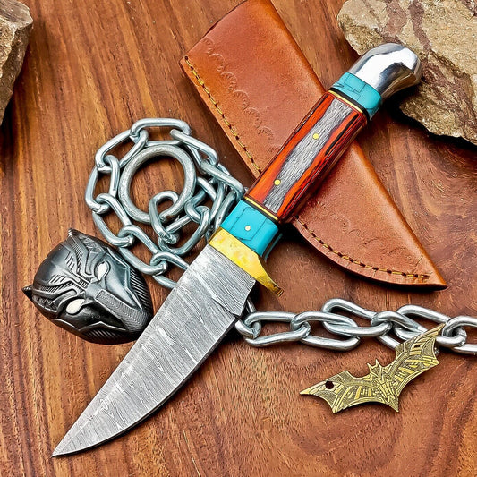 9" Custom Damascus Steel Hunting Knife with Wood Handle & Leather Sheath