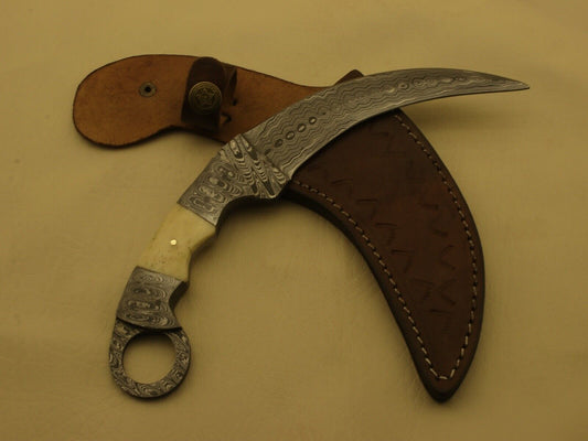 9” Custom Hand Forged Damascus Karambit Knife Double Edge Camel Bone Handle