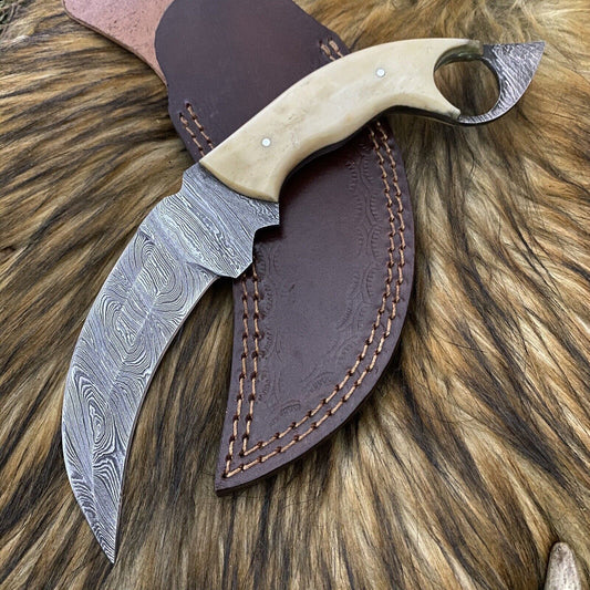 9" Custom Hand Forged Damascus Steel Hunting Karambit Knife | Camel Bone Handle & Leather Sheath
