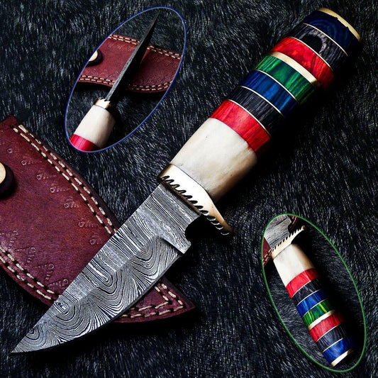 9" Custom Handmade Damascus Bowie Hunting Knife – Hard Wood & Camel Bone Handle