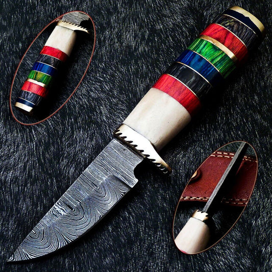 9" Custom Handmade Damascus Bowie Knife – Camel Bone & Hardwood Handle