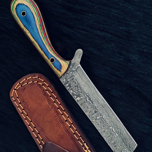 9" Custom Handmade Damascus Cow Boy Bowie Hunting Knife – Camel Bone & Wood Handle