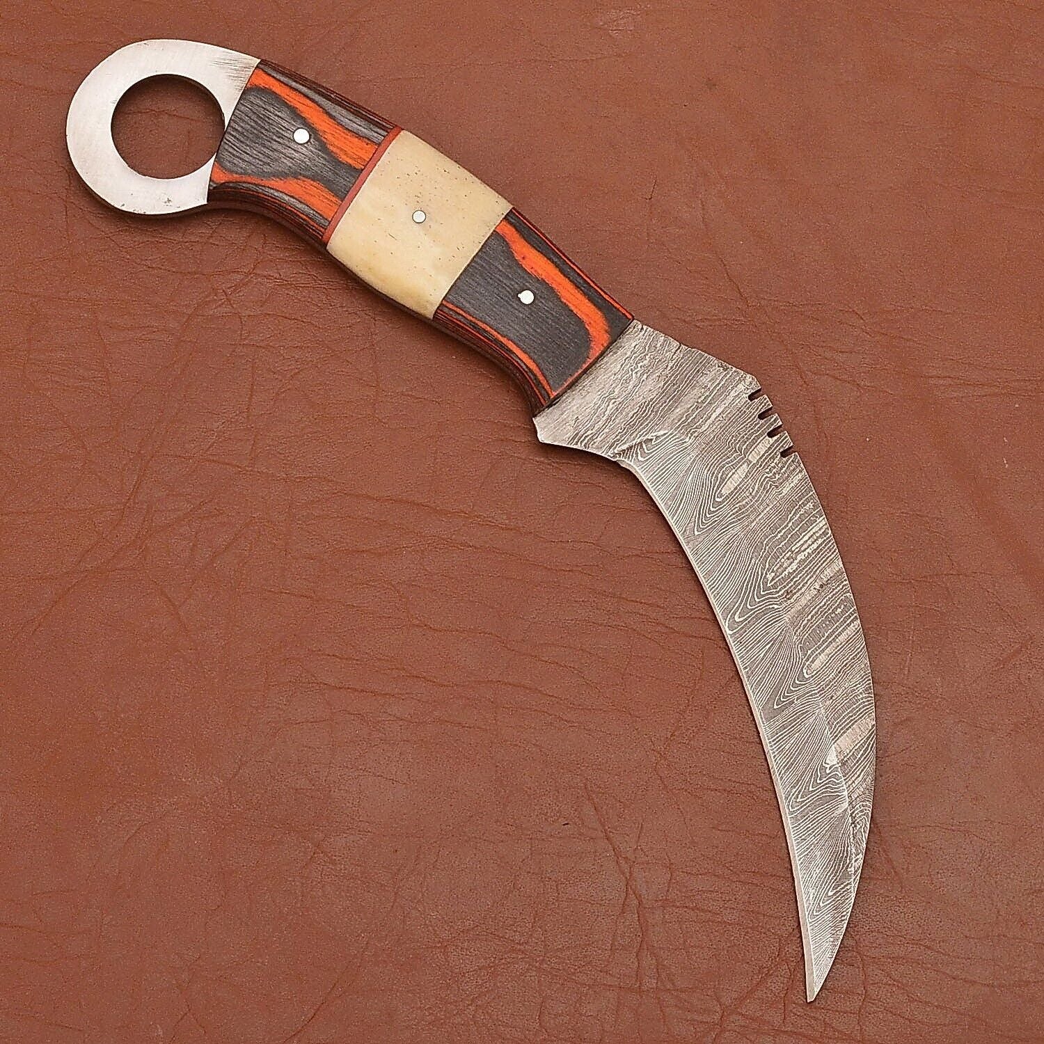 9" Custom Handmade Damascus Karambit Damascus Steel Knife with Wood & Resin Handle 