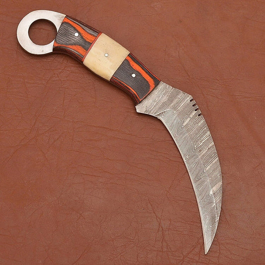9" Custom Handmade Damascus Karambit Damascus Steel Knife with Wood & Resin Handle 