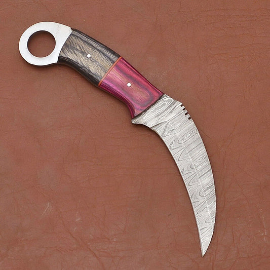 9” Custom Handmade Damascus Karambit Knife Best Karambit With  Wood Handle 