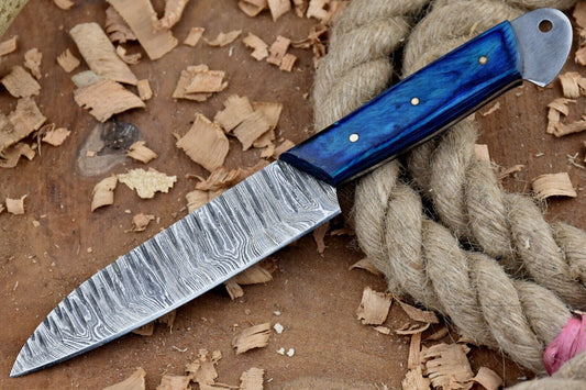 "9'' Custom Handmade Forged Damascus Steel Chef Knife with Blue Dollar Sheet Handle & Leather Sheath"