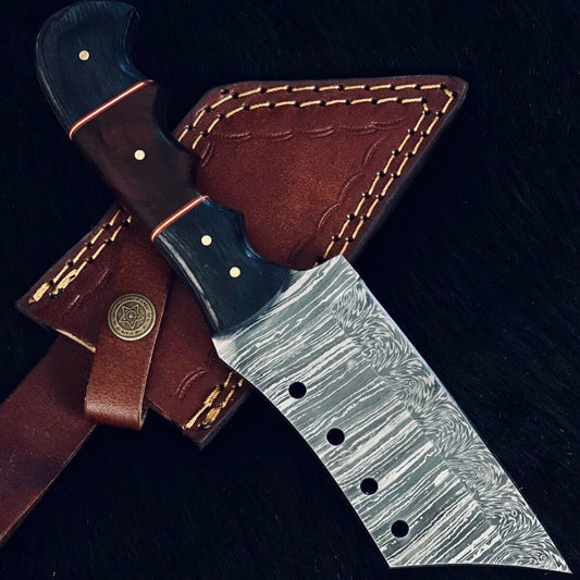 9" Custom Handmade Twist Damascus Steel Tanto Bowie Hunting Knife – Camel Bone & Wood Handle