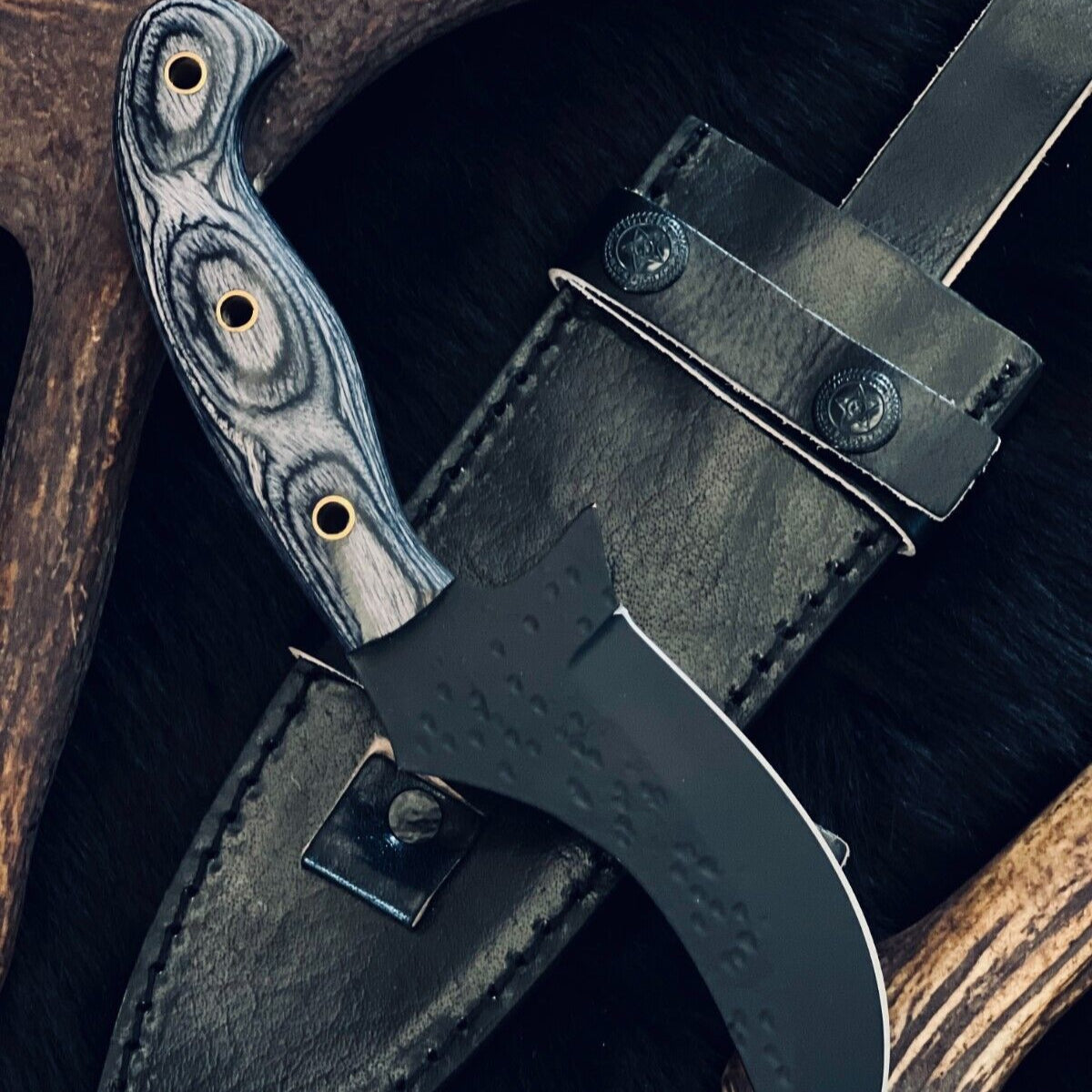  9" D2 Steel Bowie Knife – Camel Bone & Wood Handle with Damascus Bolster