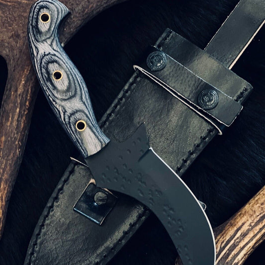  9" D2 Steel Bowie Knife – Camel Bone & Wood Handle with Damascus Bolster