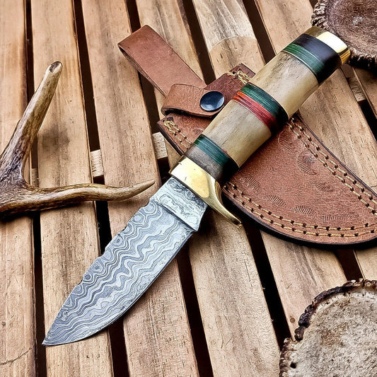 9" Damascus Bowie Knife – Camel Bone Handle with Brass Bolster & Leather Sheath