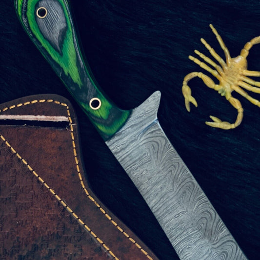  9" Damascus Bowie Knife – Camel Bone & Wood Handle