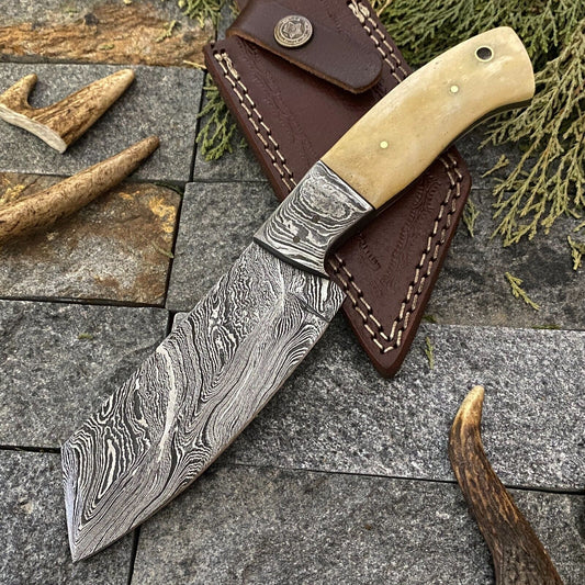 9" Damascus Cleaver Bowie Knife with Camel Bone Handle & Leather Sheath