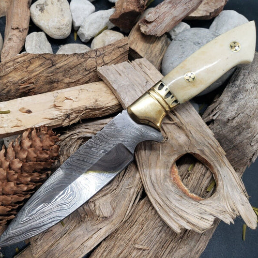 9” Damascus EDC Bowie Knife – Bone Handle with Brass Bolster
