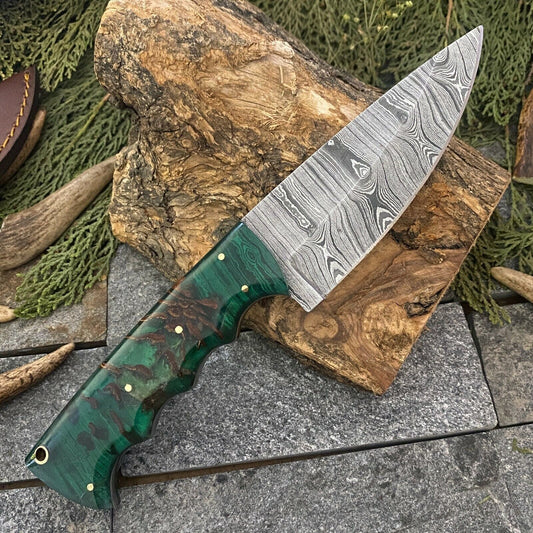 9" Damascus Hunting Bowie Knife – Resin Handle with Leather Sheath