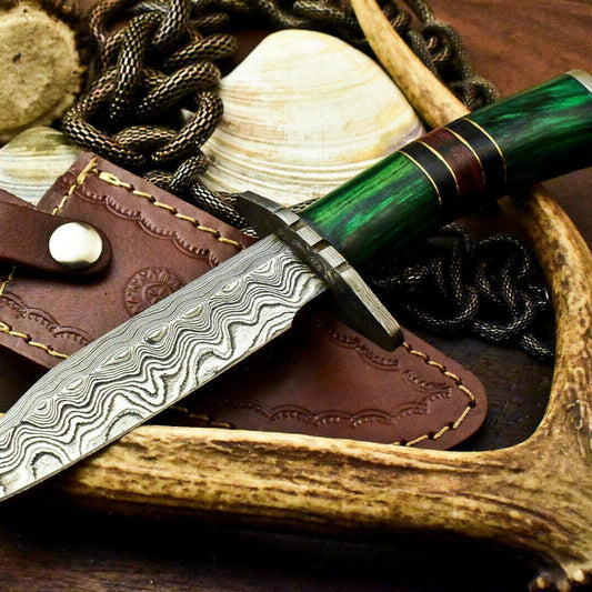 9" Damascus Steel Bowie Knife | Hardwood Handle with Leather Sheath