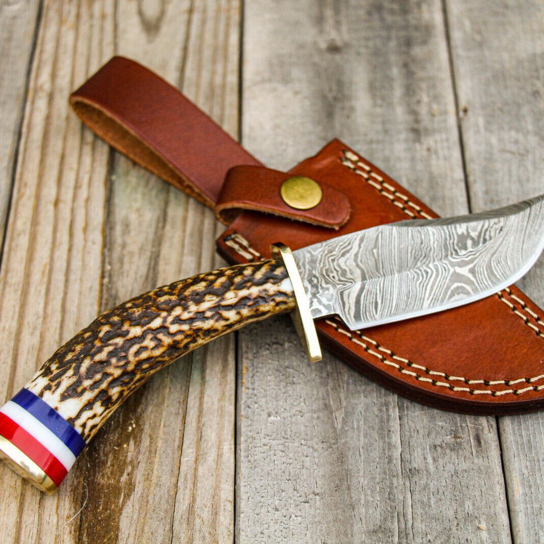 9" Damascus Steel Bowie Knife – Stag Antler Handle & Brass Guard