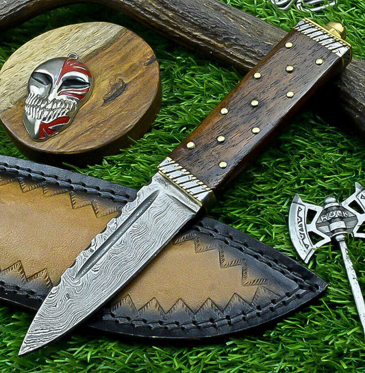 9" Damascus Steel Bowie Knife with Wood Handle & Sheath 