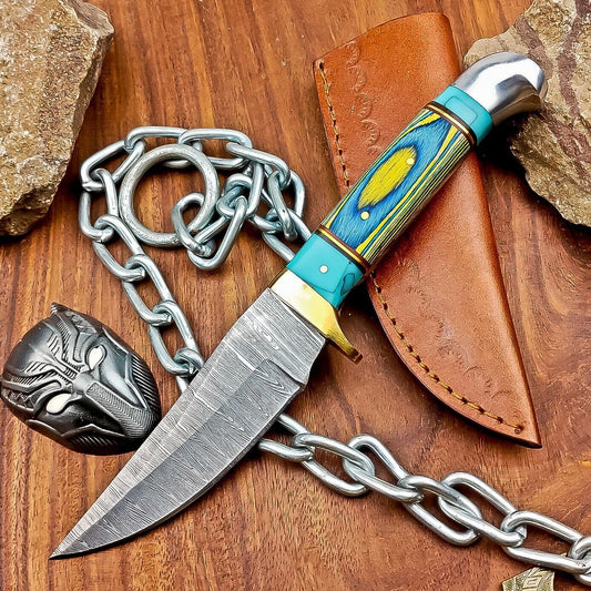 9" Damascus Steel Hunting Knife with Hardwood Handle & Leather Sheath