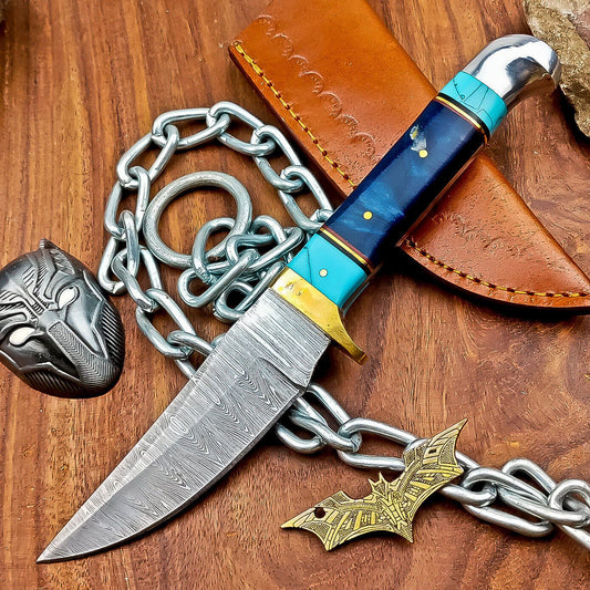9" Damascus Steel Hunting Knife with Resin Handle – Hand Forged with Leather Sheath
