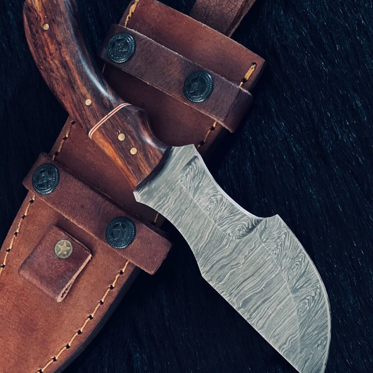 9" Fire Damascus Steel Tanto Knife –  Wood Handle with Leather Sheath