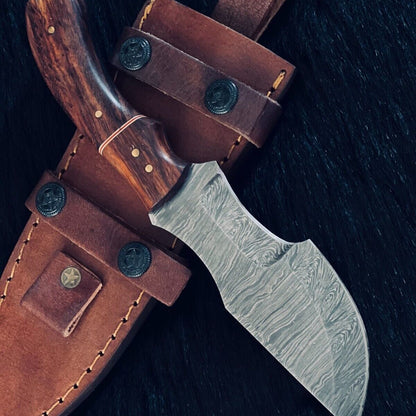 9" Fire Damascus Steel Tanto Knife –  Wood Handle with Leather Sheath