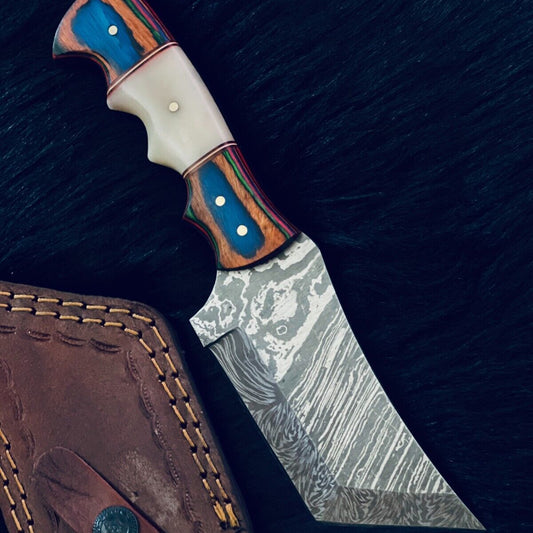 9" Fire Damascus Tanto Knife – Camel Bone & Wood Handle with Brass Spacers