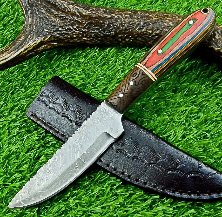 9" Full Tang Damascus Skinner Hunting Knife with Hardwood Handle – Custom Forged Blade
