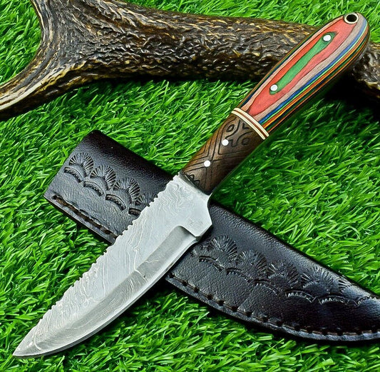 9" Full Tang Damascus Skinner Hunting Knife with Hardwood Handle – Custom Forged Blade