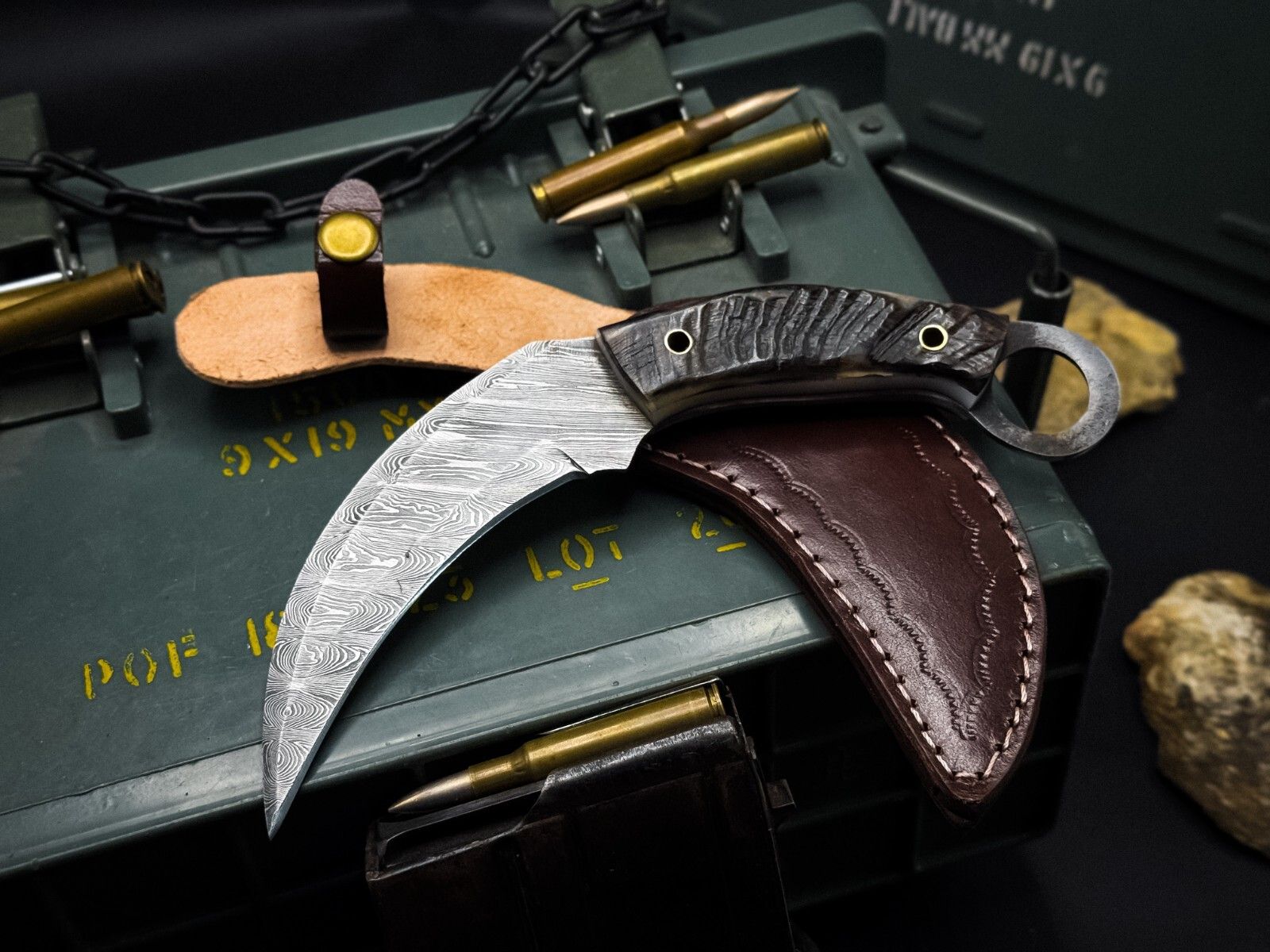 9" Hand Forged Damascus Karambit Knife  Damascus Steel Karambit with Horn Handle