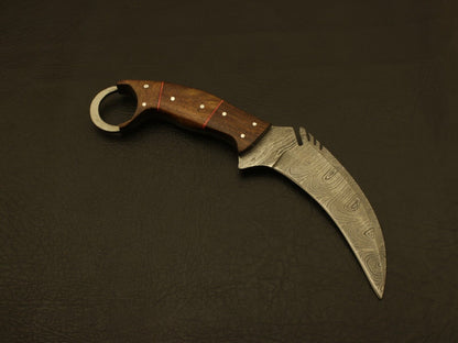 9" Hand Forged Damascus Karambit Knife Damascus Steel Karambit with Wood Handle